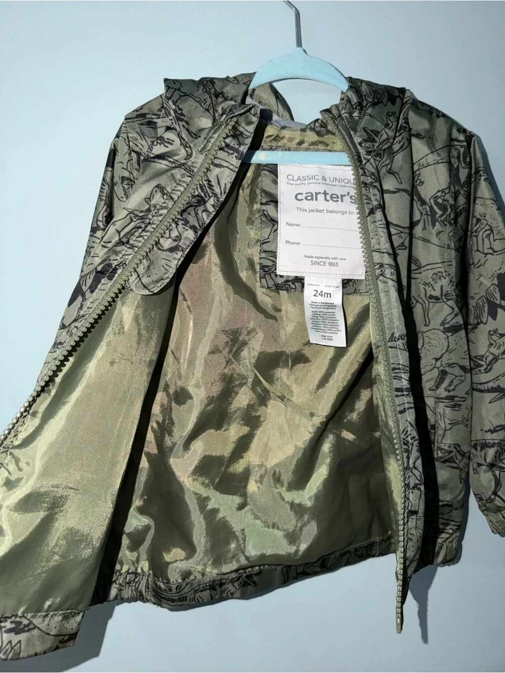 Carter's Olive Green light weight windbreaker/rain coat Dinosaur Hooded Jacket
